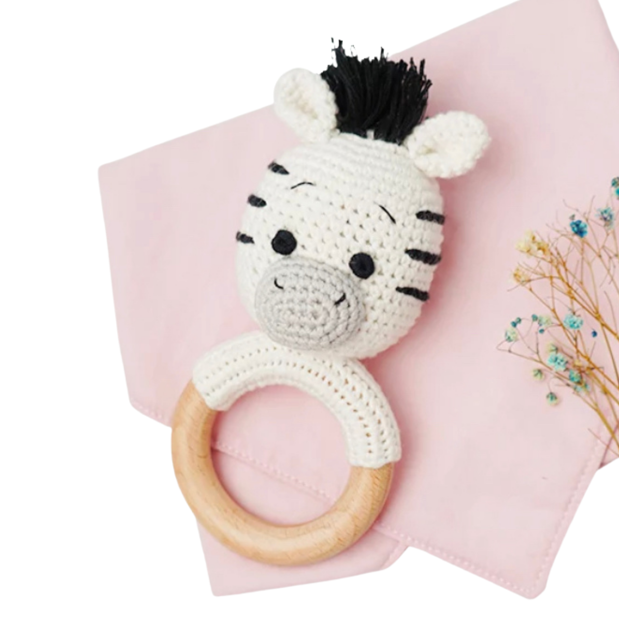 Handmade Organic Cotton Rattle Ring Teether · Zebra Design · Black and Grey with White Body Color